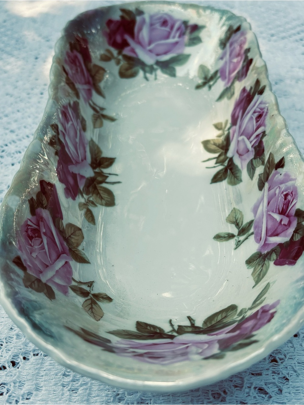 German Porcelain Dish with Lavender & Red Rose Motif